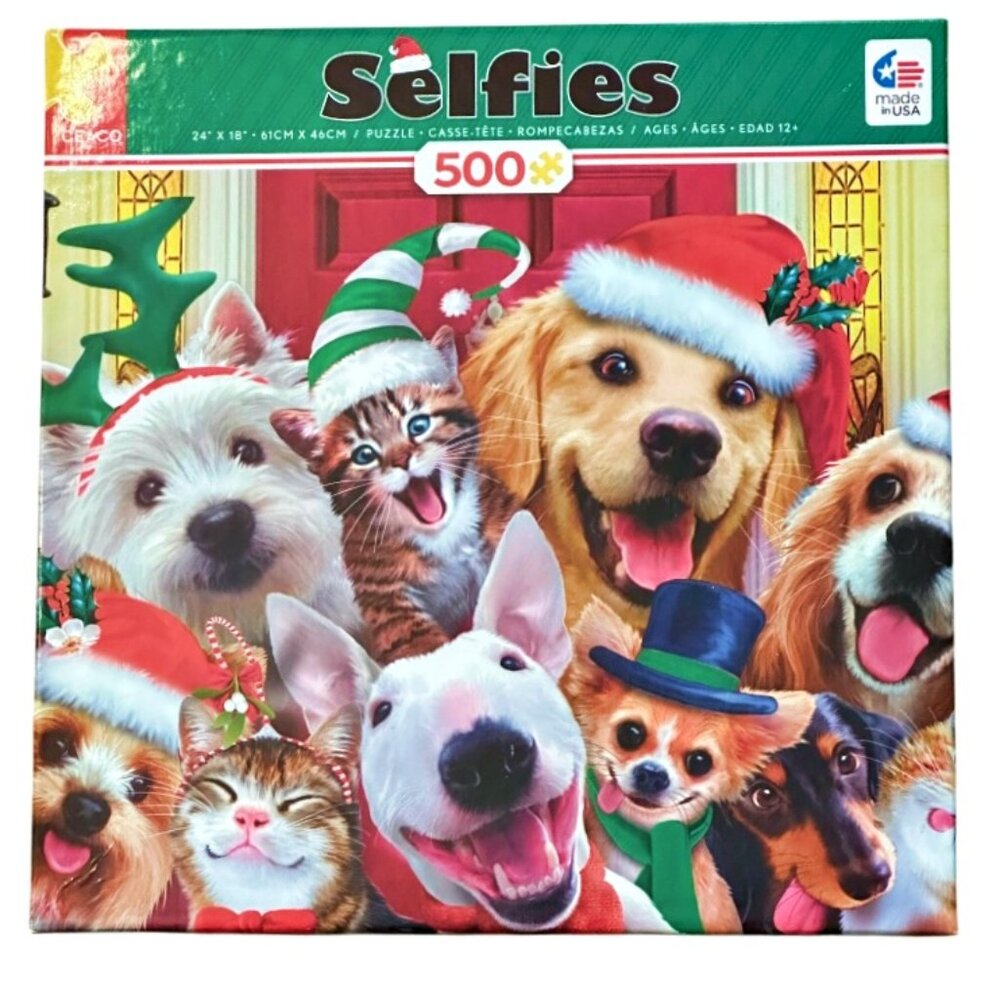 NEW CEACO Dogs and Cats Christmas SELFIES 500 PIECE Jigsaw Puzzle Open Box